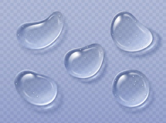 Obraz premium Gel texture smears with transparent water droplets on blue background. Clear serum puddles and bubbles for cosmetic skincare illustration. Realistic gel blobs with glossy surface and moisture effect.