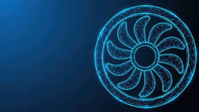 Abstract digital illustration of a glowing blue fan turbine with wireframe geometric blades on a dark background
