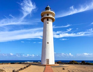 Tall white structure against blue sky and sea. Coastal scene