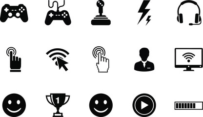 Black and white icon set representing gaming technology and user interface elements for digital platforms and applications clean and minimalist design © GolamKibria