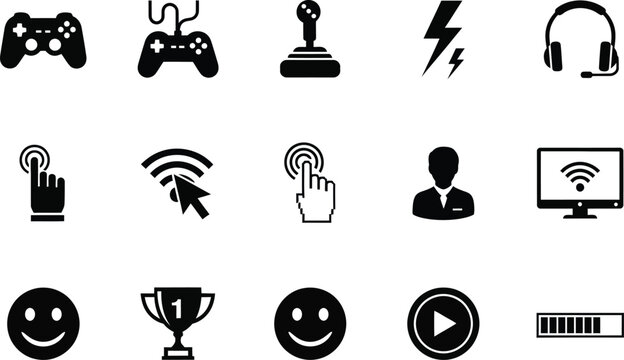 Black and white icon set representing gaming technology and user interface elements for digital platforms and applications clean and minimalist design