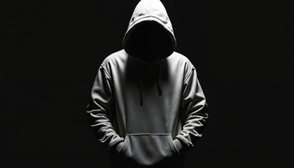 Anonymous person in grey hoodie stands in dark studio. Face hidden in shadow, creating sense of mystery and danger. Person has hands in pockets.