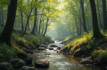 Obraz premium Sunlit forest stream flows over rocks. Lush green trees line the watercourse. Gentle mist hangs in the air. Peaceful nature scene in spring. Idyllic woodland.