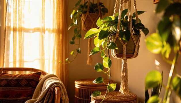cozy bohemian living room corner houseplant macrame plant hangers rattan furniture pothos trailing plants strong natural light dreamy aesthetic perfect for houseplant appreciation day