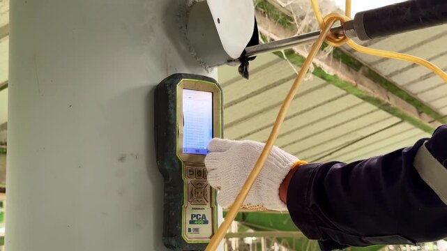Air quality measurement tool connected to an industrial exhaust point, documenting real-time emission monitoring.
