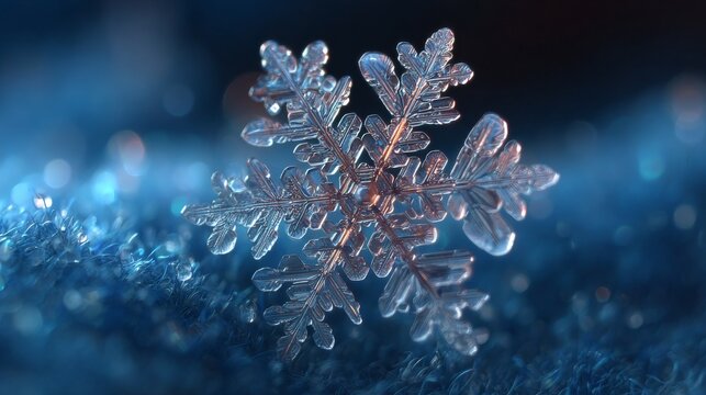 A captivating snowflake crystal, illuminated with exquisite detail against a soft blue backdrop. This photo highlights the delicate beauty of a single snowflake.