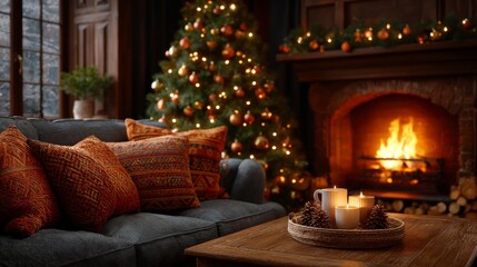 Warm and inviting christmas scene with a cozy fireplace and decorated tree. A sofa with pillows in front of the fireplace creates a relaxing atmosphere