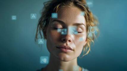 Soft-focus portrait of a person closing eyes, surrounded by floating AI icons symbolizing mindfulness tools, tranquil blue palette, ai driven mental health tools