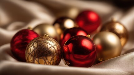 Close up of red and gold baubles arranged neatly on a satin cloth reflections sharp and vivid shadows