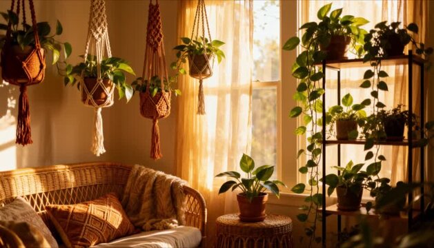 cozy bohemian living room corner houseplant macrame plant hangers rattan furniture pothos trailing plants strong natural light dreamy aesthetic perfect for houseplant appreciation day