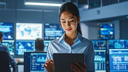 Asian Woman in Control Room Using Tablet with Monitors in the Background for Data Analysis - Powered by Adobe