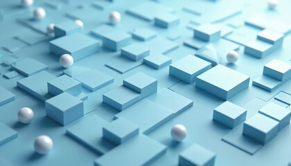 Abstract 3D background with light blue geometric shapes and white spheres. Clean, minimalist design suitable for tech or medical themes. Futuristic pattern with depth.