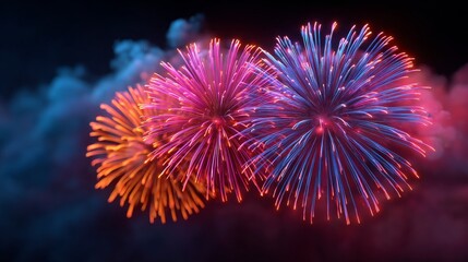 Colorful fireworks display at night, illuminating the sky with bright lights. The bursts create a vibrant spectacle, filling the air with color