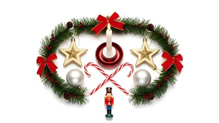 Festive Christmas Holiday Decorations Arranged in a Creative Oval Shape on White Background