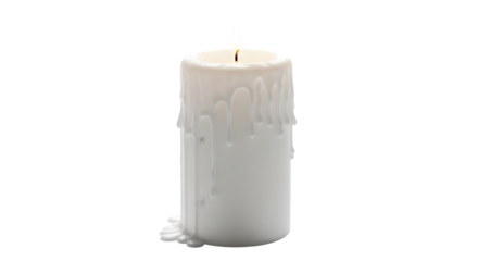 Short white pillar candle with wax drips and softly glowing wick