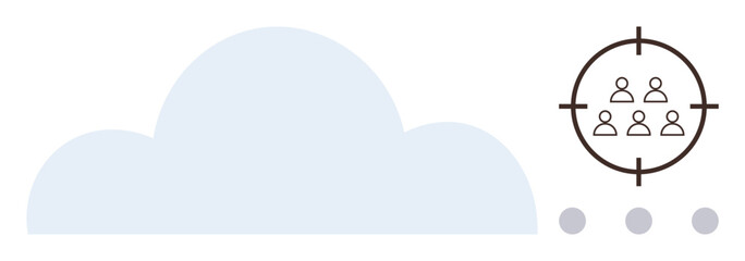 Large cloud on the left with group of people inside a target on the right. Ideal for digital marketing, networking, cloud computing, teamwork, remote communication, analysis, technology. Simple flat