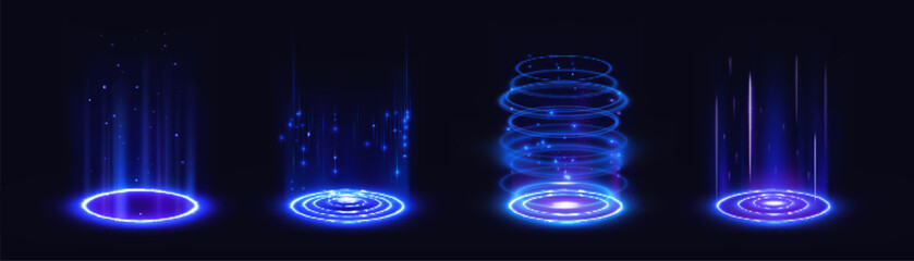 Magic portal podium with neon light rings and hologram effect on dark background. Futuristic teleport with blue glow and energy beams. Digital magic circle with radiant aura and cyber tech design.