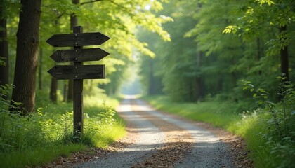 Wooden signpost with multiple arrows stands on a forest path. Sunlight filters through green trees onto a gravel road. This signifies choices or directions for travel.