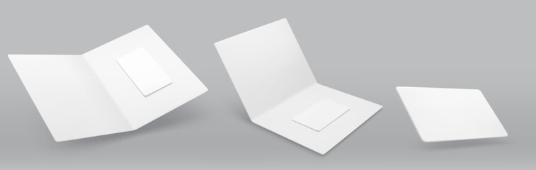 Hotel keycard mockup with blank white plastic card and protective paper holder on gray background. Realistic 3D room key template with shadow for branding, membership or gift certificate design.