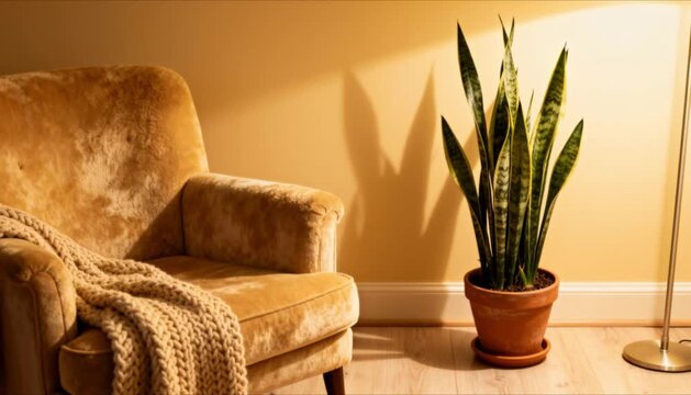 warm reading corner comfy chair tall houseplant snake plant soft interior ambiance perfect for houseplant appreciation day