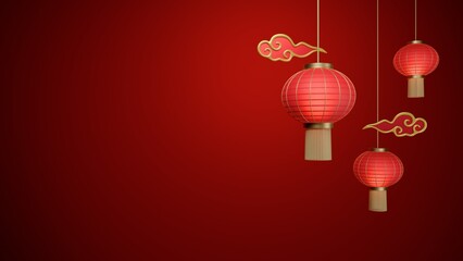 Minimal red Lunar New Year background with hanging lanterns and cloud . Ideal for Chinese New Year...