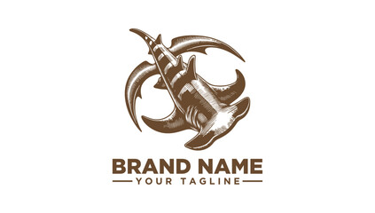 Dynamic hammerhead shark vector icon illustration, a marine engraving logo concept for ocean themes.