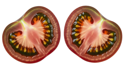Two halves of a ripe heirloom tomato showing internal structure and seeds isolated on a transparent background