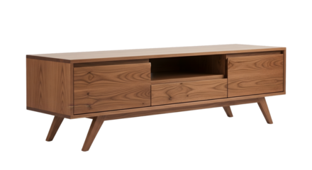 Walnut mid-century TV console with tapered legs and open shelving