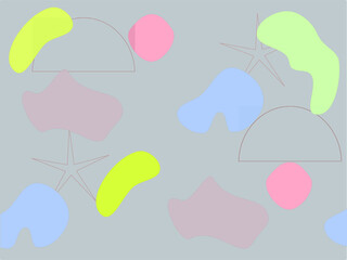 A seamless pattern with pastel organic shapes on a soft light-gray background, featuring playful colors and simple line accents. Perfect for children’s products, gift wraps, fabrics,