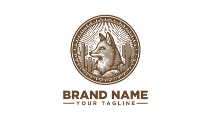 Desert Fox and Saguaro Cacti Engraving Vector Illustration, a Classic Animal Icon Logo Emblem