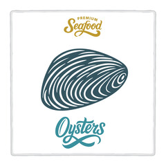 Hand drawn oysters in vintage engraving style with premium seafood and oysters lettering. Classic design for seafood branding themes. Perfect for menus, labels, and packaging. Part of set.