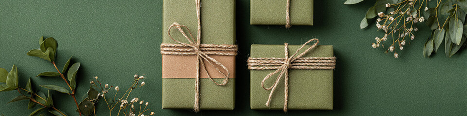 Elegant gifts wrapped in green paper and tied with twine, adorned with delicate flowers and foliage