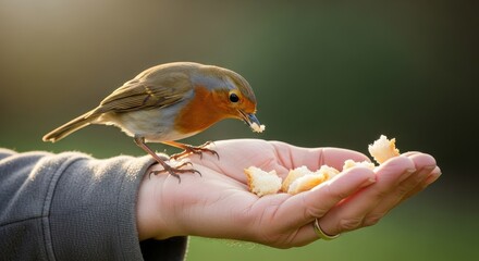 Delicate moment captured: A European robin foraging for breadcrumbs on a human hand