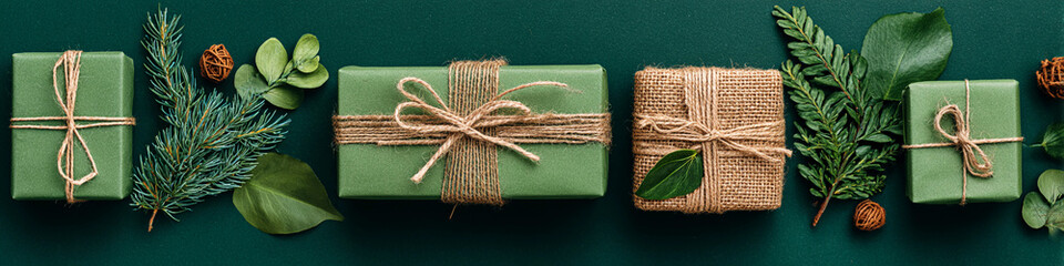 Festive eco-friendly gift boxes arranged with natural elements. The boxes are wrapped in green paper and tied with twine, evoking a sense of care and sustainability