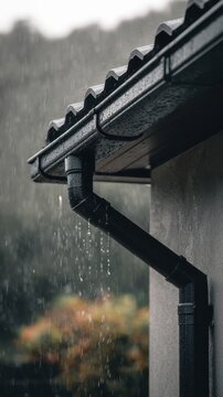 High quality photo of Black rain gutter and downspout on a house with water actively dripping during heavy rain, with a blurry natural background.