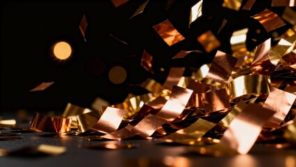 Sparkling golden confetti cascade on a dark surface, symbolizing joy and festive celebration