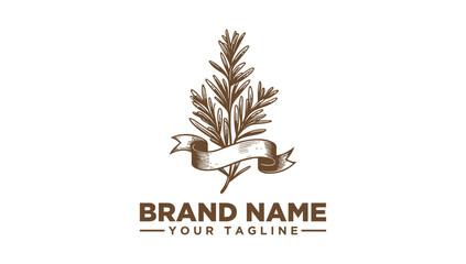 A hand-drawn botanical plant vector illustration, featuring an engraved logo icon with a ribbon detail.
