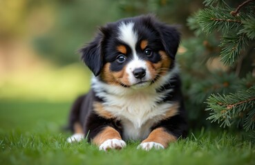 Bernese Mountain Dog puppy rests on green grass near evergreen tree. Young tri-color dog with black brown white fur gazes forward. Cute animal portrait outdoors. Pet care.