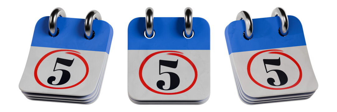 3D Illustration of blue desk calendar icon showing number 5 with red circled date marker on white page, metallic rings, isolated on transparent background
