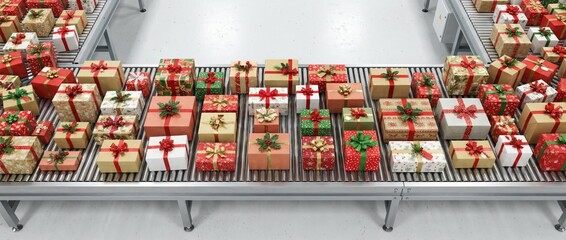 A conveyor belt full of colorful gifts, ready for delivery. Boxes are wrapped in various festive papers and ribbons