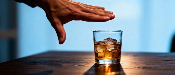 A hand hovers over a glass of whiskey with ice, against a blurred background. The image has a moody, atmospheric feel