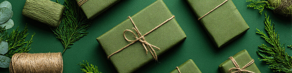 An array of elegantly wrapped green gift boxes and decor, perfect for festive occasions. The gifts are tied with twine