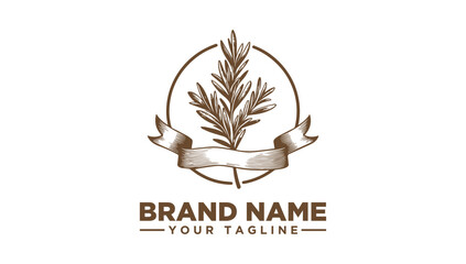 Vintage botanical logo vector illustration: elegant plant stem engraving icon with rustic banner.