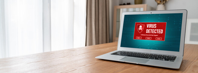Virus warning alert on computer screen detected modish cyber threat , hacker, computer virus and malware