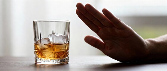 A person refusing an alcoholic drink, a concept emphasizing a healthy lifestyle. The image depicts a hand gesturing to reject a glass of whiskey