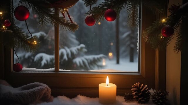 Cozy Christmas Window with Lit Candle and Snowy Winter View