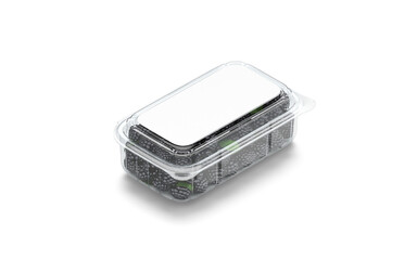 Blank transparent plastic box with blackberry mockup, png, transparent background, 3d rendering. Empty heap of organic blackberries in pack mock up cut out. Clear fresh vegan fruit container template.