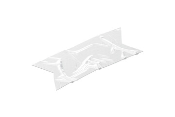 Blank white rectangle cut adhesive crumpled tape mockup, png, transparent background, 3d rendering. Empty torn glue attached piece mock up cut out. Clear sticking wrinkle line template.