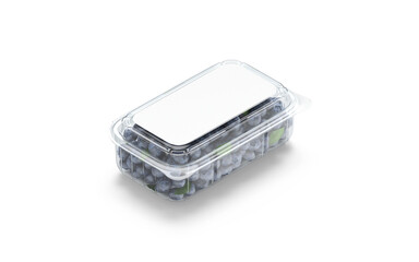 Blank transparent plastic box with blueberry mockup, png, transparent background, 3d rendering. Empty container with yummy blueberries snack mock up cut out. Clear healthy organic berries template.