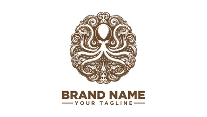 Ornate Octopus Marine Creature Vintage Logo Vector Illustration with Intricate Baroque Swirling Patterns, Elegant Aquatic Design for Branding